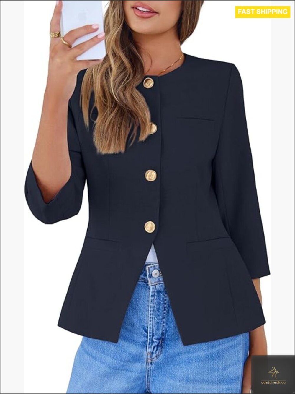 Business Casual Blazer Collarless Button Down 3/4 Sleeve Dressy Jacket Work